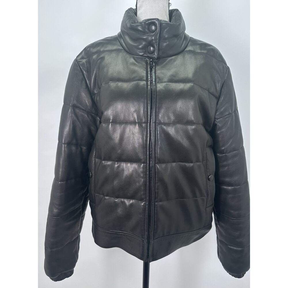 ⭐️ Agnes B Womens High Neck Zip Up Puffer Leather Jacket Black Size 42 RARE